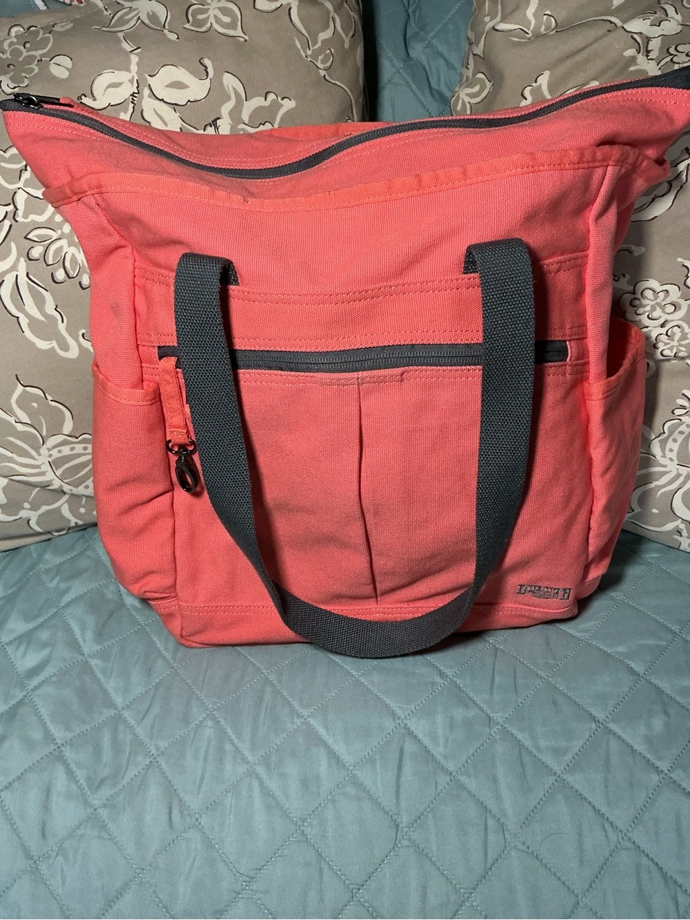 Duluth Trading Co Coral Canvas Tote with Gray Handles